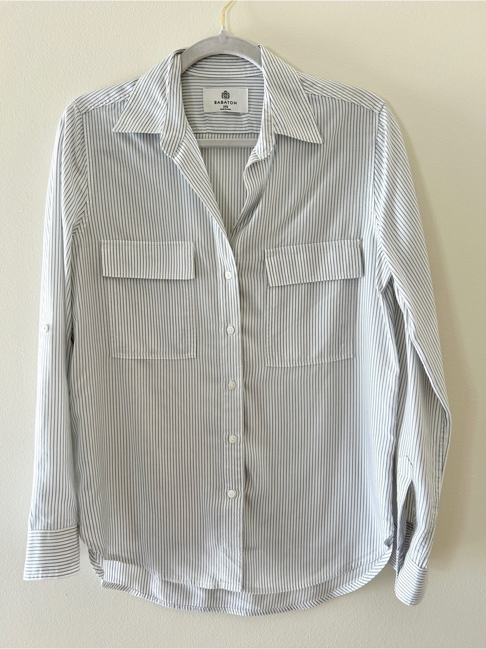 Babaton Vertical Pinstripe Button-Down Shirt in White and Grey